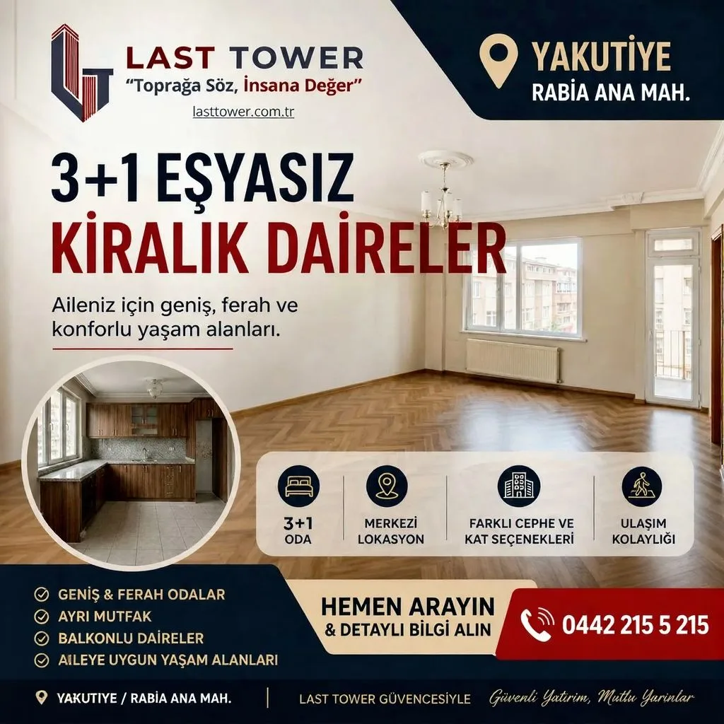 Yakutiye Rabia Ana Mahallesi 3+1 Eşyasız Kiralık Daireler - 1
